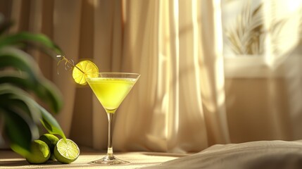 Refreshing Lime Cocktail in Elegant Glass with Sunlit Curtains Background. Generative ai