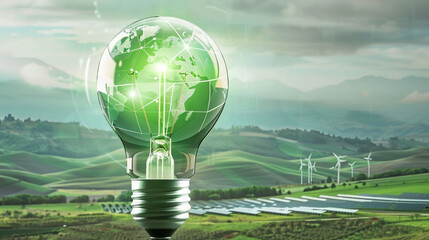 A sleek, modern light bulb casting a soft, green glow, with a world map projection wrapping its surface. The background is a serene landscape of rolling hills and renewable energy farms,