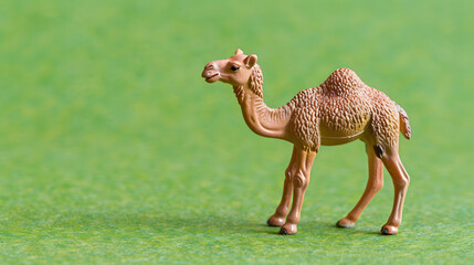 A cute camel figurine on an green background, in a minimalist style with a simple design. Copy space for text