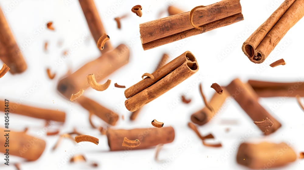 Poster dynamic close-up view of cinnamon sticks falling. high-quality spice image for food bloggers and adv