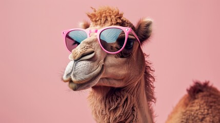 Fototapeta premium A stylish camel wearing glasses on pink background. Animal wearing sunglasses