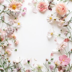A flatlay arrangement of delicate pink and white flowers on a white background. Ideal for feminine designs, wedding invitations, and branding projects.