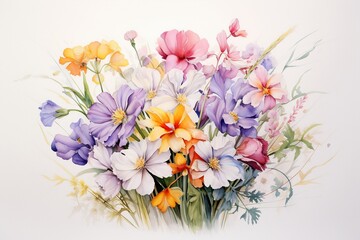 Fresh and airy watercolor painting of freesias and asters, blooms signifying friendship set against a serene white backdrop ,  against pur white background
