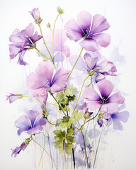 Joyful and elegant watercolor painting of Lily of the Valley and Delphinium, harmonious blooms and leaves enhancing a clean white setting ,  high resolution