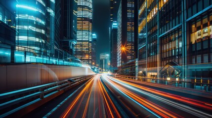 Fast-paced urban setting captured with motion blur on a major avenue, with city lights highlighting the fluidity and speed of city life at night