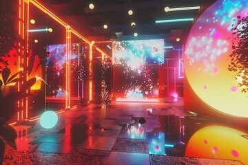 Immersive Futuristic Holographic Dreamscape with Vibrant Neon Hues and Interacting Digital Elements