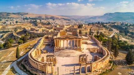 Fototapeta premium Aerial view of ruins of a wonderful Roman amphitheater in ruins during the day in high resolution and high quality. concept antiques, buildings