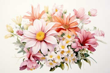 Watercolor depiction of friendship flowers, including freesias and asters, with soft red hues and vibrant greens, against a white background ,  fresh and clean look