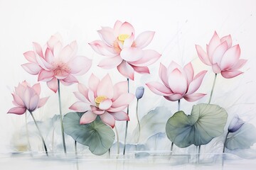 Watercolor lotus, soft pinks, delicate petals floating, slender leaves, pure white background ,  against pur white background