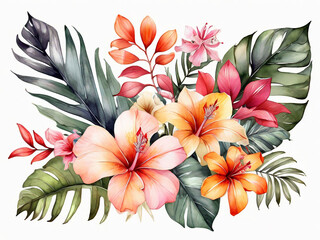 watercolor botanical illustration colorful tropical flowers exotic floral arrangement wild jungle nature hawaiian paradise flora palm leaves clip art isolated on white background