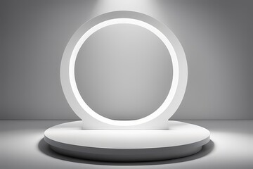 Large circular podium showcases product presentation bathed in soft ambient lighting, casts soft shadows against a stark white background, light source creating a glow around the pedestal.