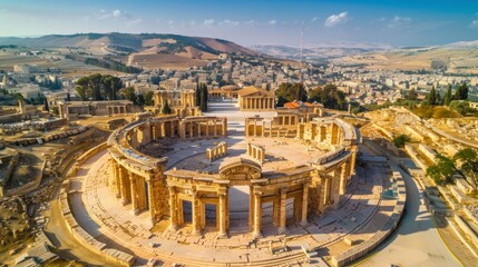 Obraz premium Aerial view of ruins of a wonderful Roman amphitheater in ruins during the day in high resolution and high quality. concept antiques, buildings, Jordan