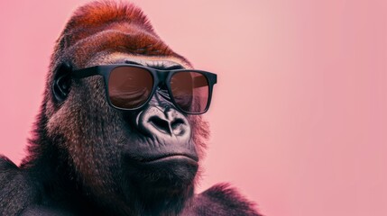 A stylish gorilla wearing glasses on pink background. Animal wearing sunglasses