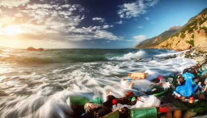 Marine conservation, marine litter, global warming; garbage floating in the sea and washed out after storm