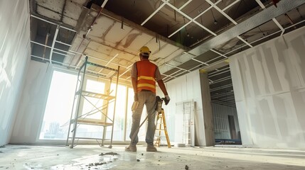 Fototapeta premium A Construction Worker Skillfully Performs Ceiling Work for Safe and Sturdy Structures