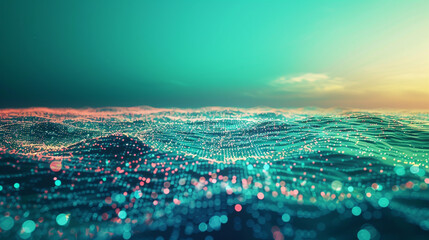 Abstract digital art with glowing cyber particles over a gradient of ocean blues and greens.