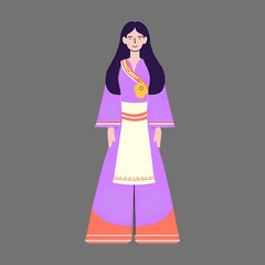 a female icon wearing a purple dress resembles a japanese person.