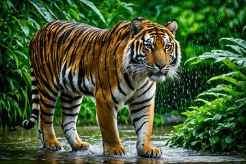Obraz premium a tiger in the rain Generative AI