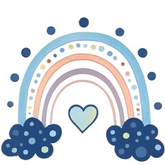 Watercolor Rainbow with heart, blue, dots