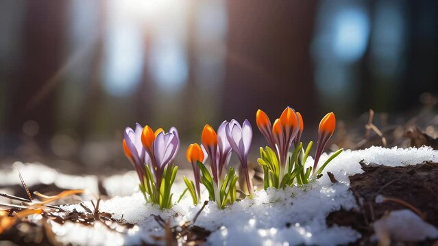 Beautiful wild spring crocuses are peeking through the snow