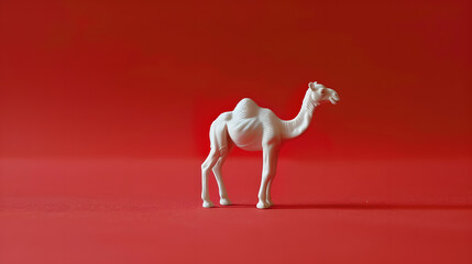 A cute camel figurine on an red background, in a minimalist style with a simple design. Copy space for text