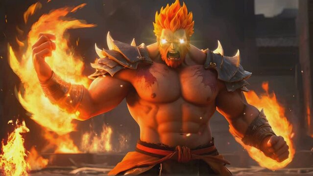 fierce fighter with a strong body with the power of fire, seamless looping time lapse virtual 4k video animation background,