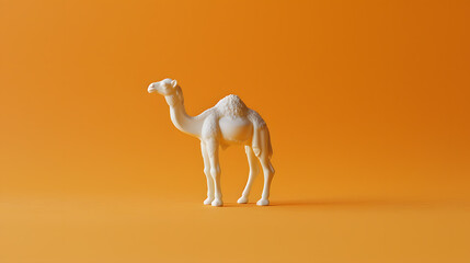 A cute camel figurine on an orange background, in a minimalist style with a simple design. Copy space for text