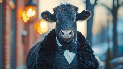 Suave bull roams the city streets in tailored elegance, epitomizing street style.