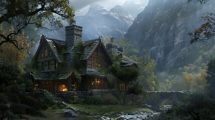 Hidden away in a remote valley, a rustic lodge offers solace to weary souls, its stone walls weathered by time, its hearth burning bright with the promise of warmth and welcome.