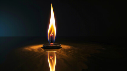 A single, elegant flame flickering gently, its reflection casting a soft glow on the polished surface beneath it. The isolated black background enhances the flame's delicate beauty
