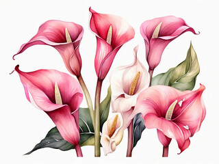 watercolor botanical illustration pink calla lillies cala lily flowers tropical nature clip art isolated on white background