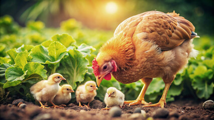 Fototapeta premium A mother hen, accompanied by her adorable chicks, takes a leisurely stroll around the backyard of a home farm. They peck at the ground near a rustic wooden fence and lush green plants. 