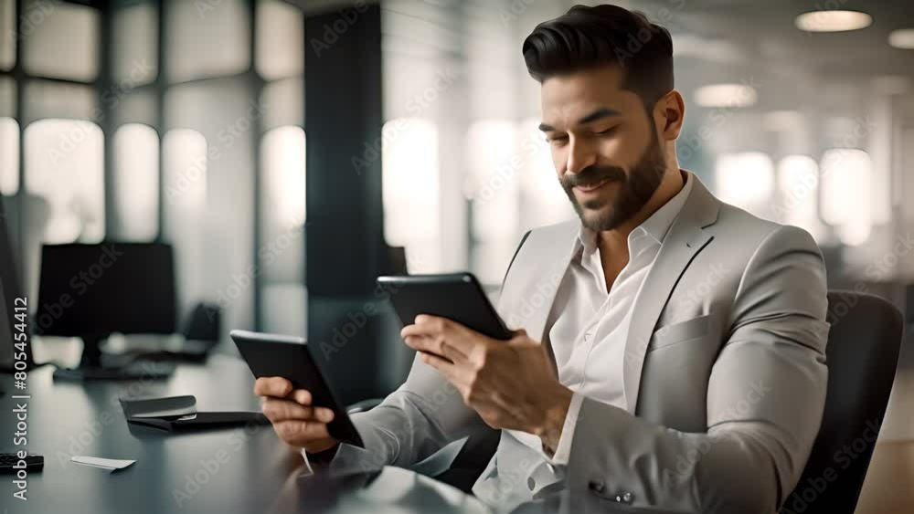 Poster man using cell phone at desk generative ai