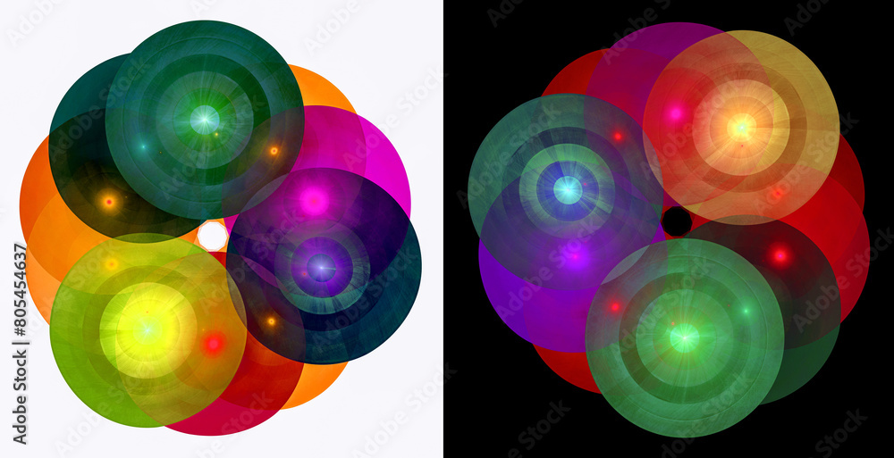 Poster multicolored glowing transparent balls are superimposed on each other in a circle on white and black