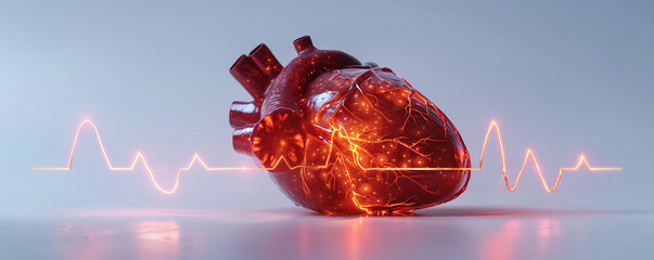 A dynamic 3D render of a heart, shown on an isolated white background The heart is detailed with an ECG overlay, conveying a medical theme, with ample space for copy