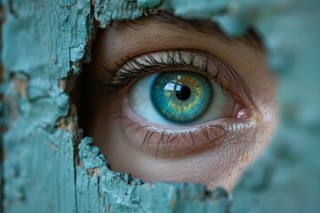 An engaging close-up image of a greenish eye gazing through a gap in a weathered teal wooden surface