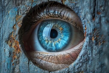 A detailed close-up capturing a vivid blue eye peeking through a weathered wooden hole with rusty elements