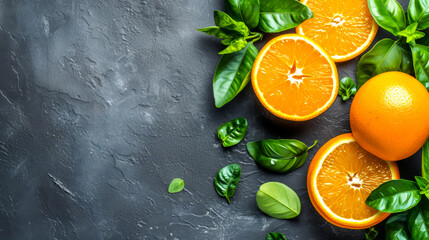 A close up of oranges and green leaves on a grey background