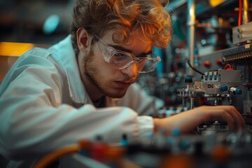 A well-dressed scientist with obscured face is meticulously adjusting sophisticated lab equipment with attention to detail