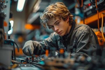 In a modern industrial setting, a technician with obscured face is intently working on machinery, using tools and wearing protective gear