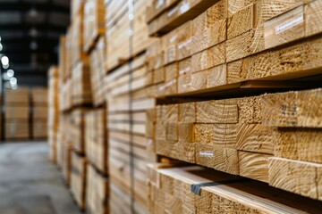 Rows of packages of wooden planks in a warehouse close-up