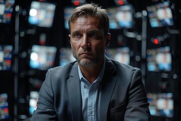 Obraz premium Middle-aged man in business attire looking pensive with monitors in the background, suggesting critical thinking and decision-making