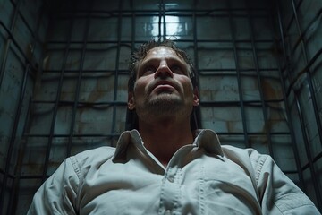 Imposing shot of a man standing in a prison, with a low angle emphasizing a sense of domination and confinement