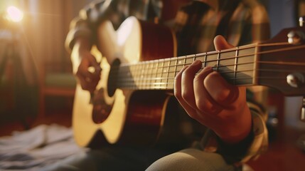 The close up picture of the hispanic male child playing or practicing guitar inside his own room, the guitar practice require music theory knowledge, regular practice and understanding rhythm. AIG43. - Powered by Adobe