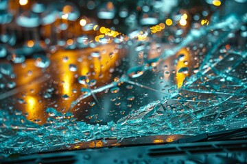 This image captures the intricate patterns of shattered glass on a vehicle with glowing city lights creating a bokeh effect in the background