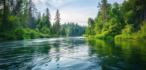 A serene river bend, flanked by towering trees and underbrush in varying shades of green