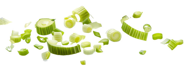 Falling leek slices, chopped green onion isolated on white background


