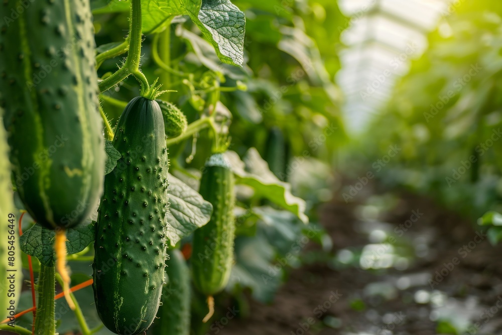 Wall mural cucumbers hanging in a row in a greenhouse, agriculture and farming concept