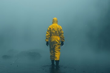 Fototapeta premium A lone figure dressed in yellow faces a vast, foggy landscape, evoking loneliness and the concept of facing the unknown