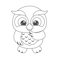 Cute shy owl. Coloring page. Black and white card for drawing.